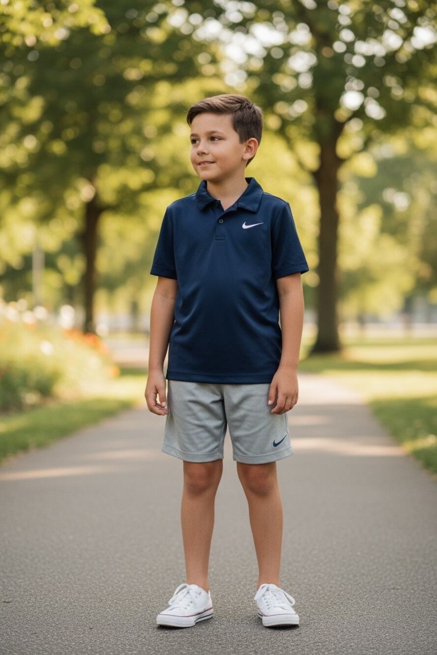 Nike Dri Fit Boys Polo Shirt and Athletic Shorts Set Gray Navy Size 7